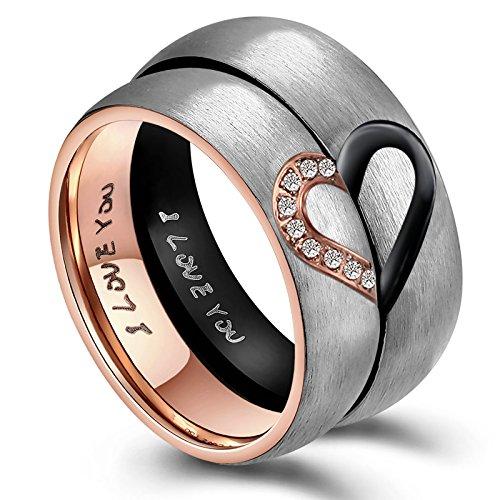 AnazoZ Anillo 1PCS Anillos de Parejas Acero Inixodable Anillo Corazón Grabado I Love You Anillo Oro Rosa Mujer Tamaño 9,5