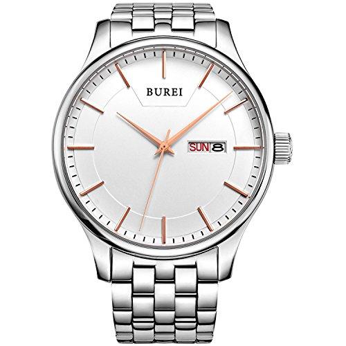 BUREI Hombres Relojes analógicos de Cuarzo Blanco Relojes de Pulsera con Calendario de...