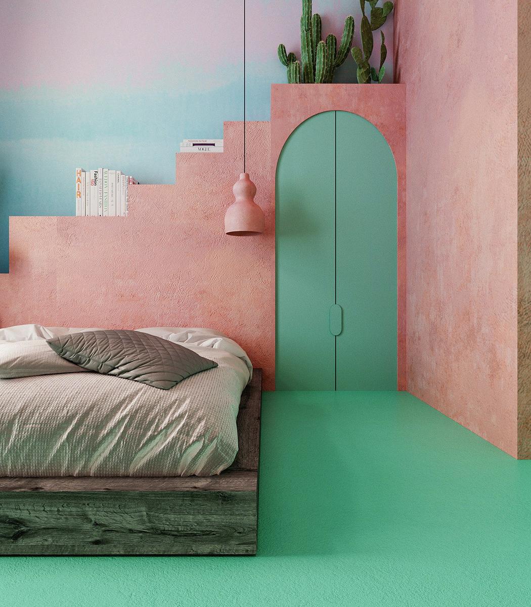 Dormitorio en tonos verdes y rosas.