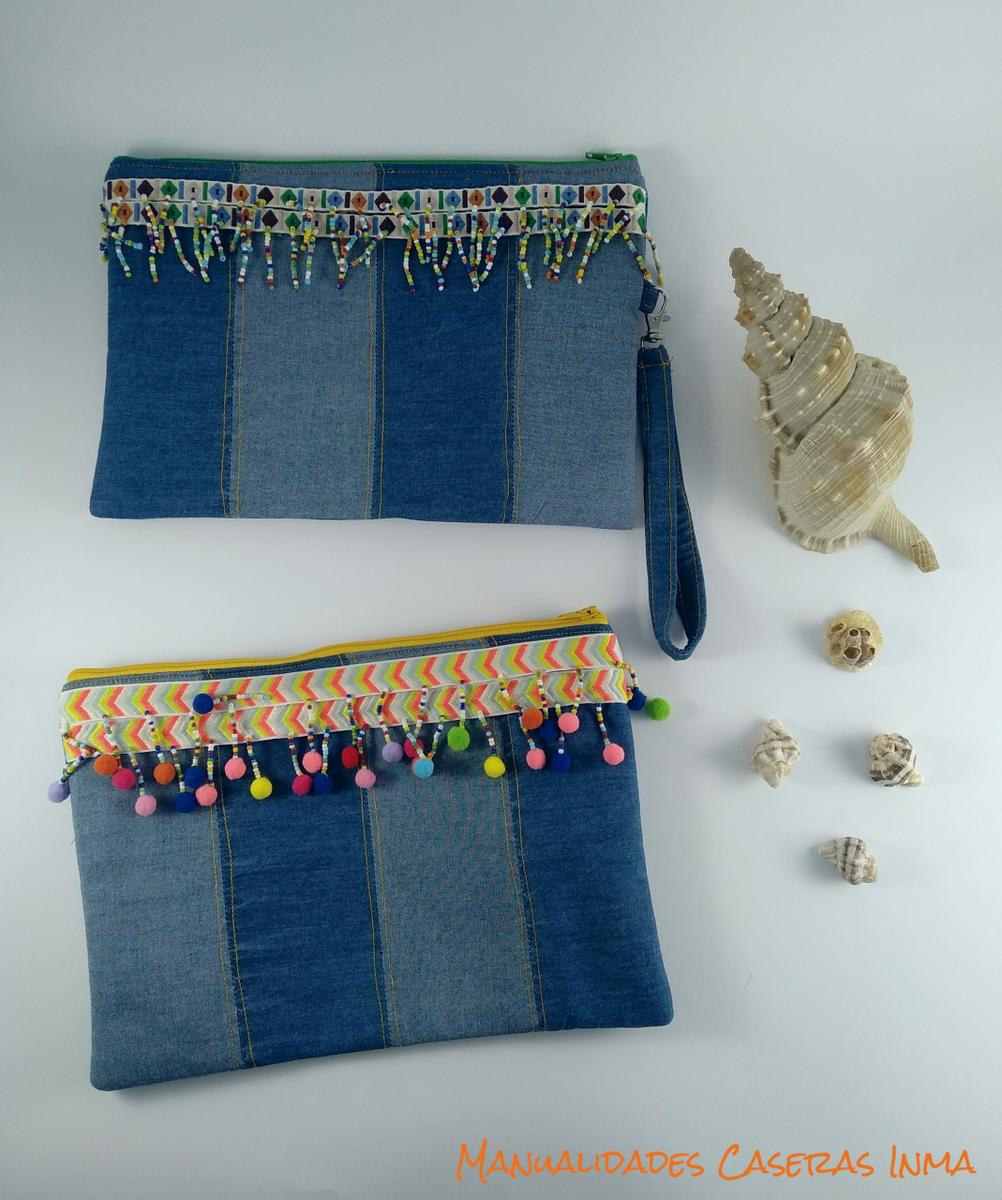 Manualidades Caseras Inma_ Bolso vaquero de mano con abalorios y borlas