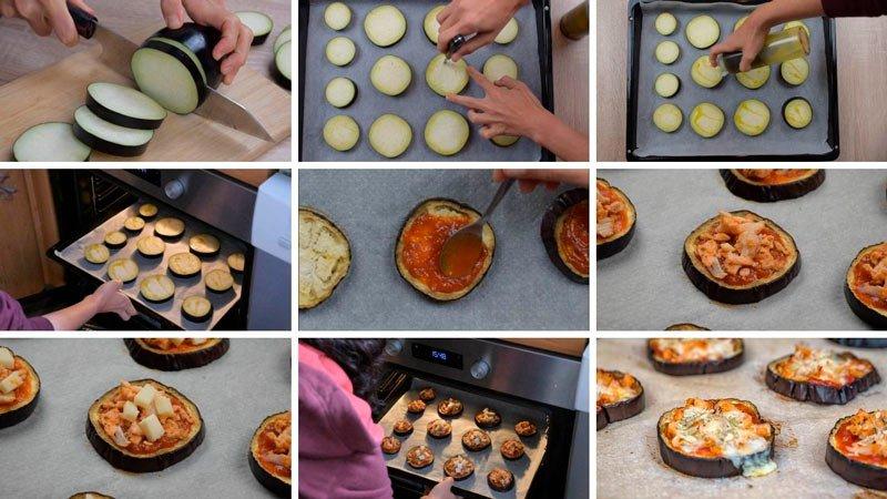 paso a paso mini pizzas de berenjena con queso y pollo