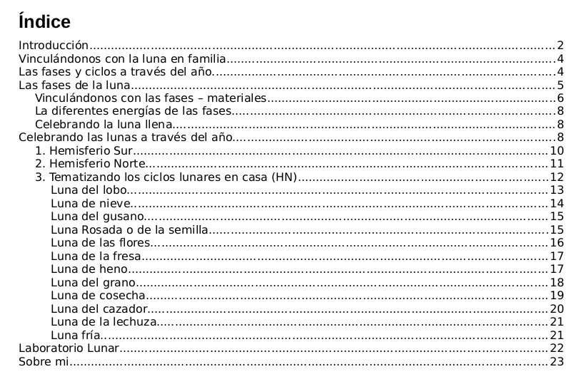 Indice del ebook Celebrando las lunas a través del año