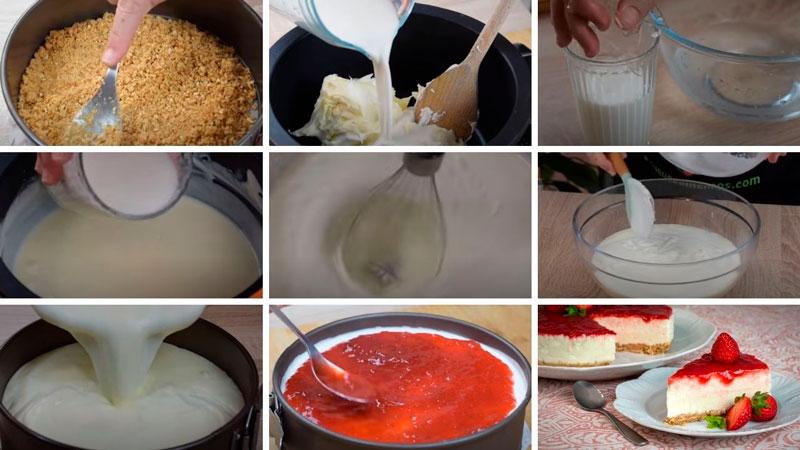 receta paso a paso tarta de queso sin horno con mermelada de fresas riquisima