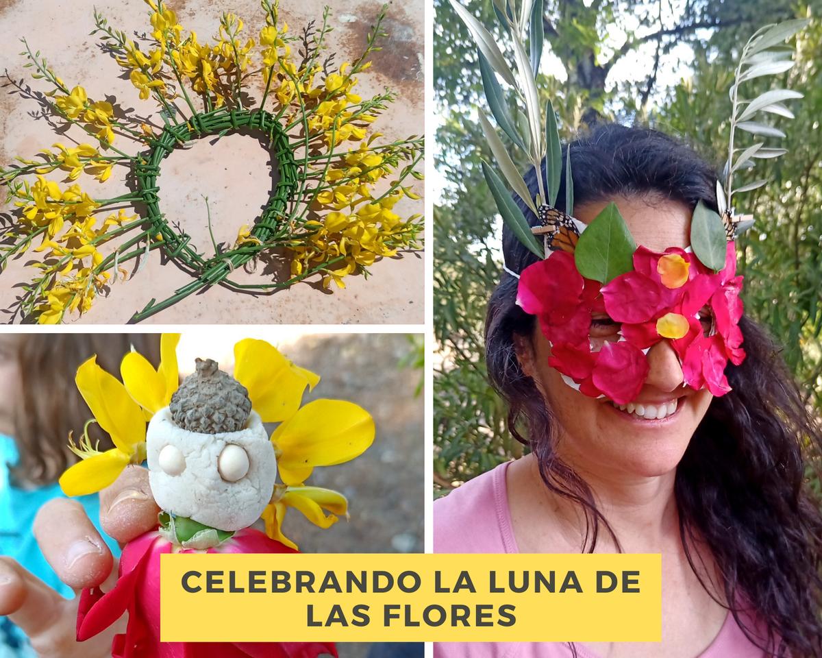 Portada del post celebrando la luna de las flores, se ve una corona de flores un muñeco de plastilina y una chica con mascara de flores 