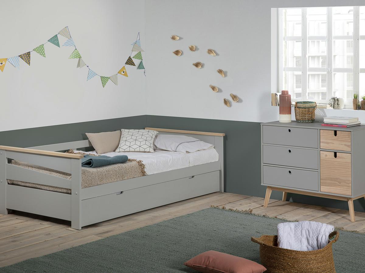 Cama Ten Natural/Gris claro Mdf/pino 105x62x199cm