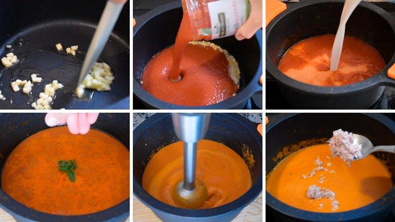 crema de tomate en conserva y atun