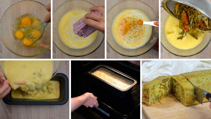 como hacer paso a paso pastel de menestra de verduras en conserva