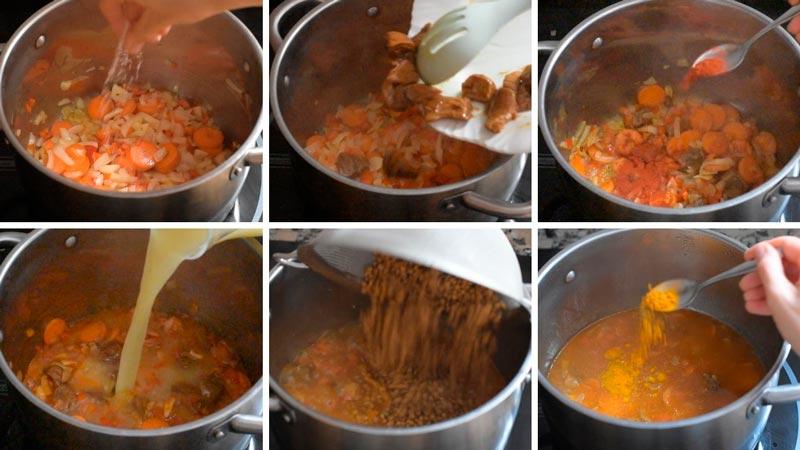 paso a paso lentejas con hongos en conserva