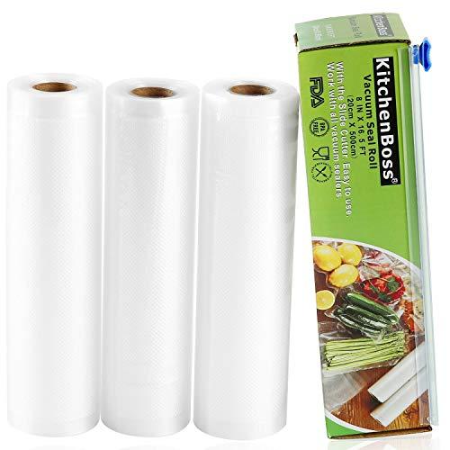 KitchenBoss Bolsas de Vacio Profesional 3 Rolls 20x500cm con Caja de Corte (No Más Tijeras) para Almacenaje de Alimentos, Sous Vide Cocina, BPA Free
