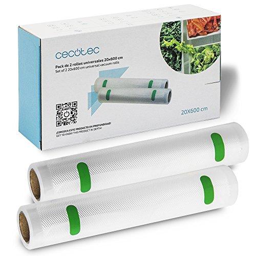 Cecotec Rollos Gofrados Set de 2 Rollos Medianos 20 x 600 cm. Superficie gofrada, Permite hacer bolsas de tamaño personalizado, Óptima conservación de los alimentos, BPA Free