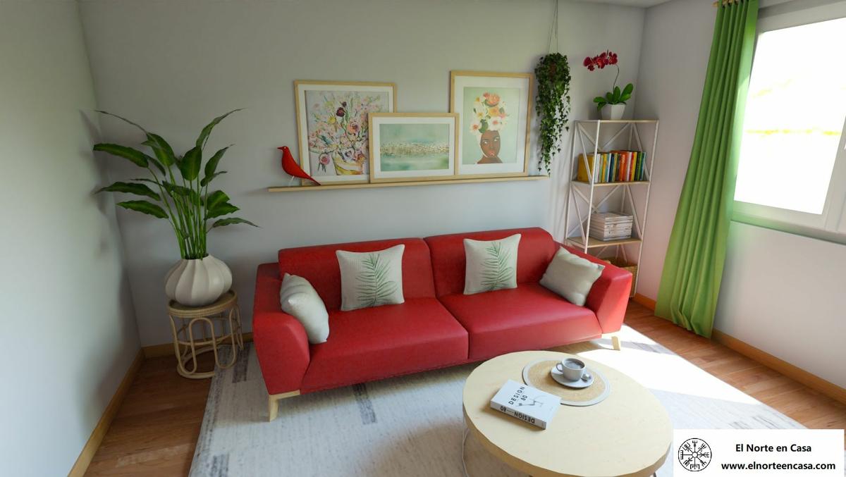 salón de estilo exótico con sofá rojo