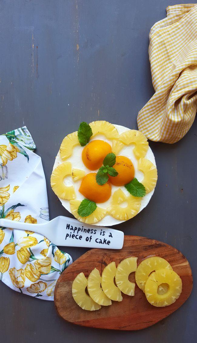 Tarta de piña y melocotón sin horno