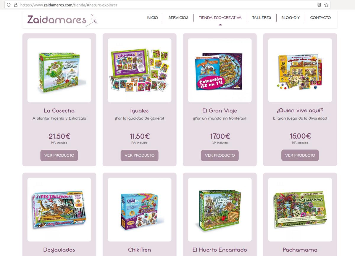 Pantallazo de la web de Zaida donde se ven los juegos colaborativos y ecologicos