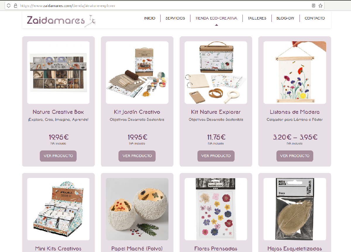 Pantallazo de la web de Zaida donde se ven los productos para la creatividad 