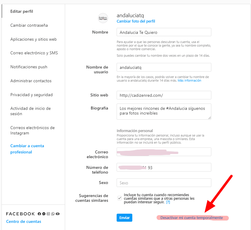 2. En la parte inferior de la página que se abre, seleccione "Desactivar temporalmente mi cuenta".