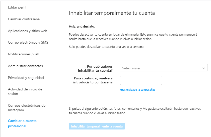 instagram desactivar cuenta