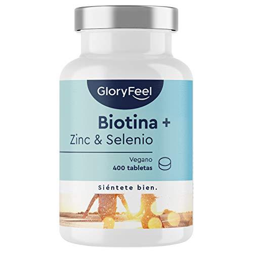 GloryFeel Biotina + Zinc + Selenio - 400 Comprimidos Veganos (Suministro para 1+ año) - Apoya el crecimiento del cabello y fortalece la piel y las uñas - Sin aditivos innecesarios