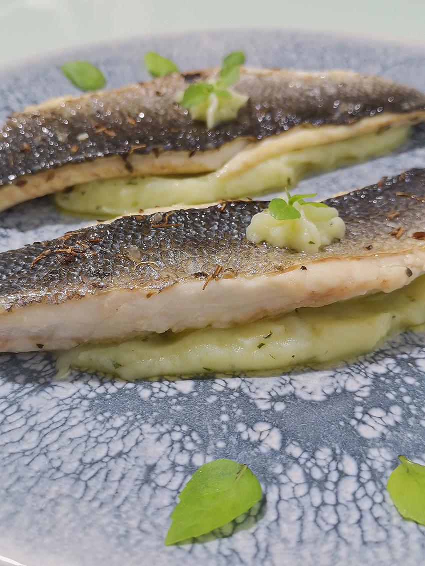 Lubina con parmentier de albahaca