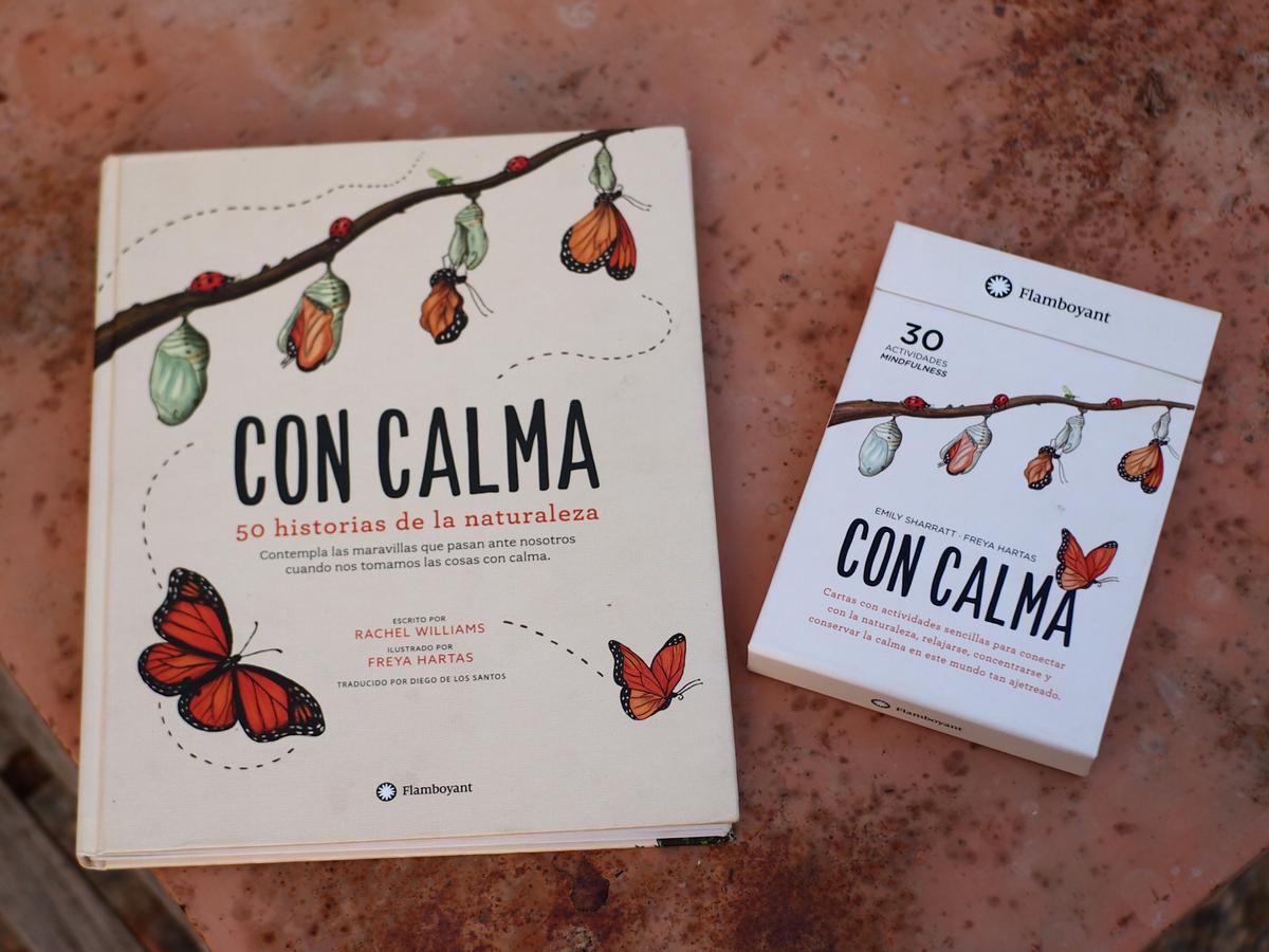Foto en la que se ven el libro "con calma" y las tarjetas