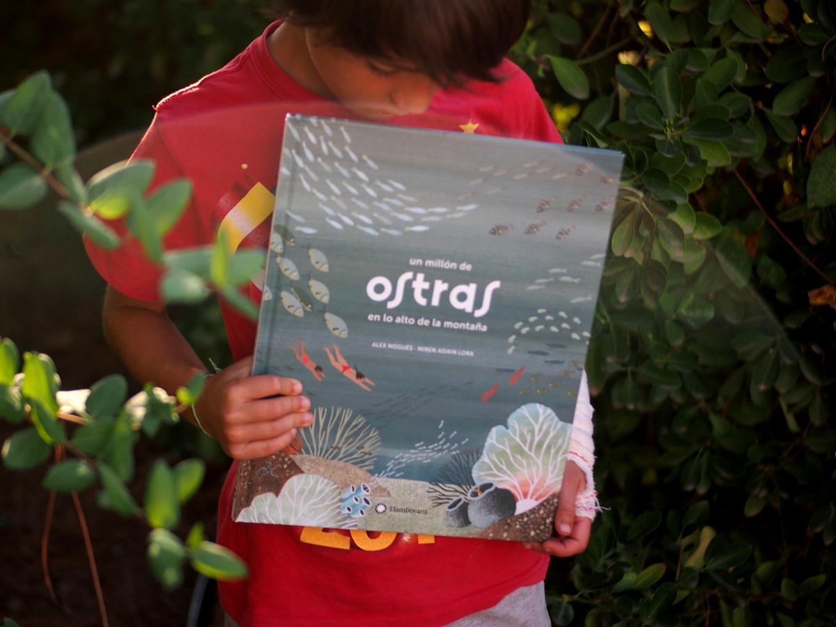 Niño con libro "Un millón de ostras en los alto de una montaña"