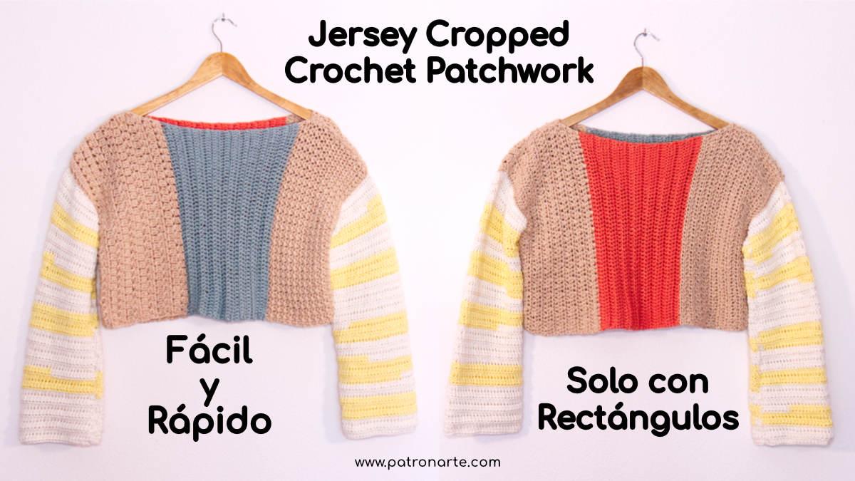 Patrón Jersey Crop Top Crochet Patchwork solo con Rectángulos Fácil y Rápido