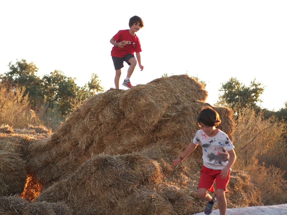 Niños jugando a perseguirse encima de balas de paja