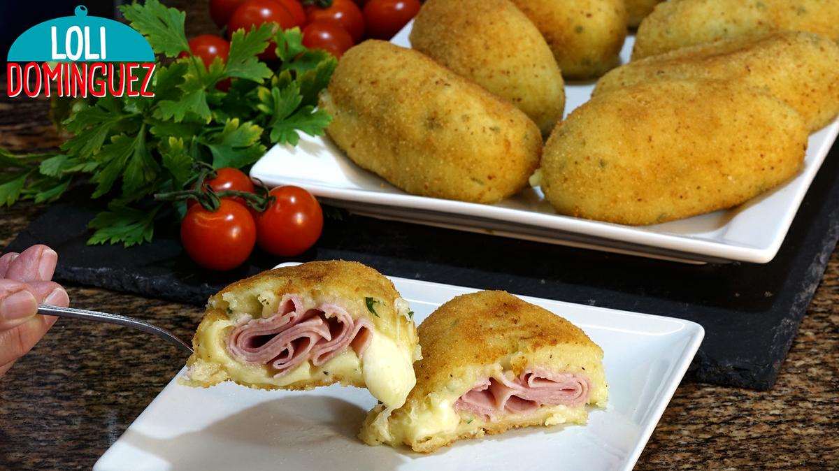 CROQUETONES DE PATATA (PAPAS) RELLENOS DE JAMÓN Y QUESO. Un verdadero espectáculo en nuestra mesa, esta receta además de ser fácil, realmente esta deliciosa, se pueden tener hechos con horas de antelación y listos para freír en el último momento,