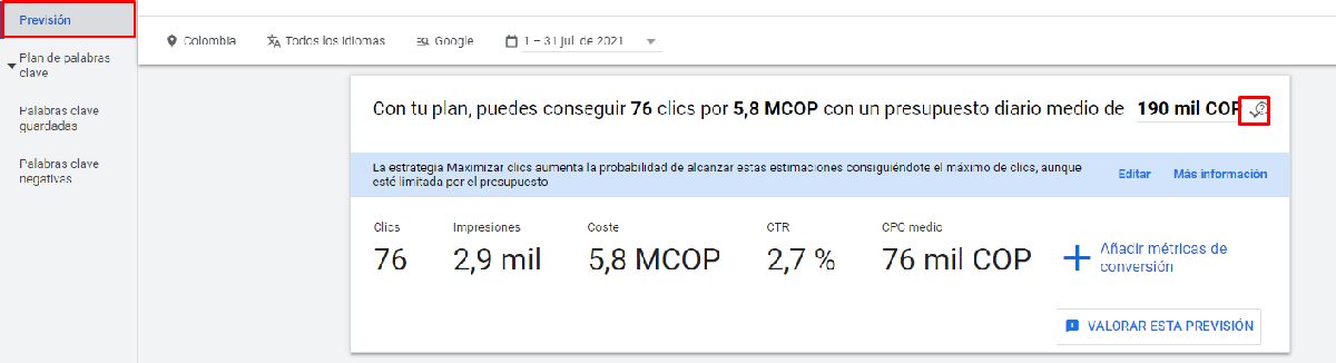 Previsión de keywords - Google Keyword Planner