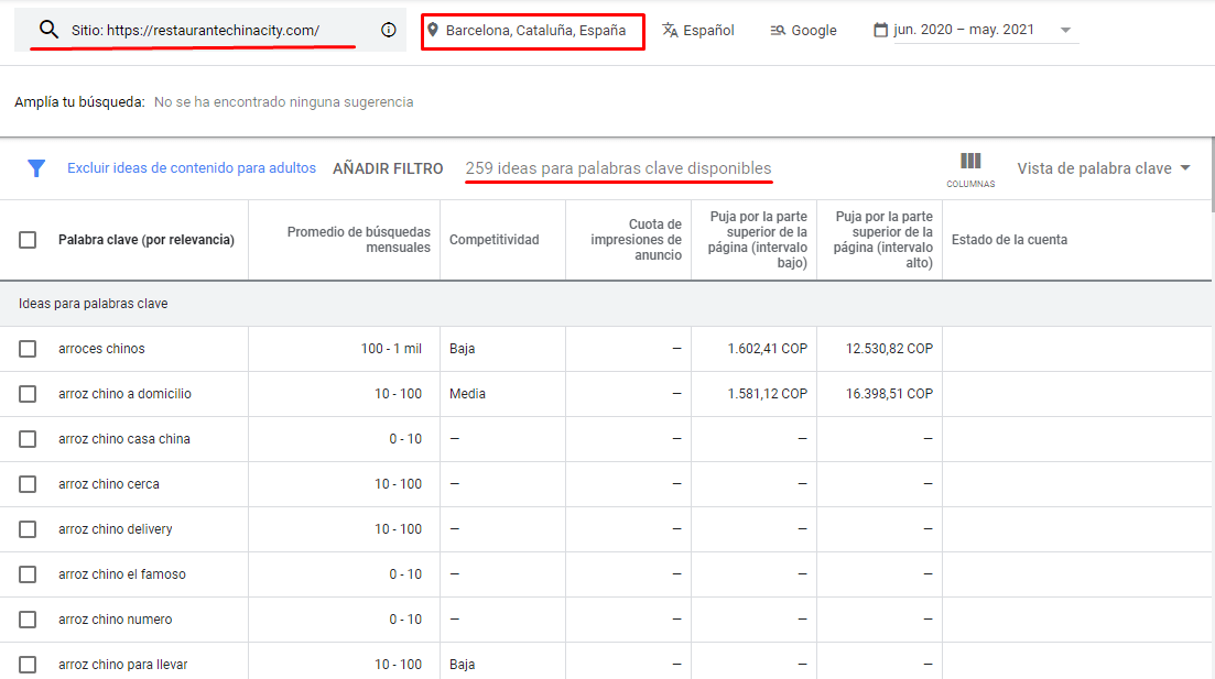 Resultados de búsqueda por URL - Google Keyword Planner