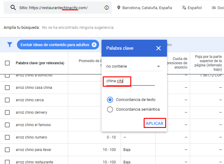 Filtro para eliminar los resultados por marca - Google Keyword Planner