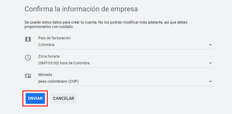 Confirmar la información de empresa - Google Ads