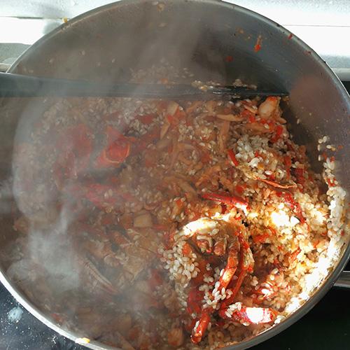 Arroz caldoso con nécoras - Sofrito con nécoras y arroz