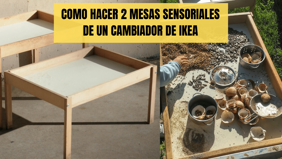 Portada, se ven las mesas sensoriales de madera en un ldo y manos de un niño jugando con alpiste en la otra