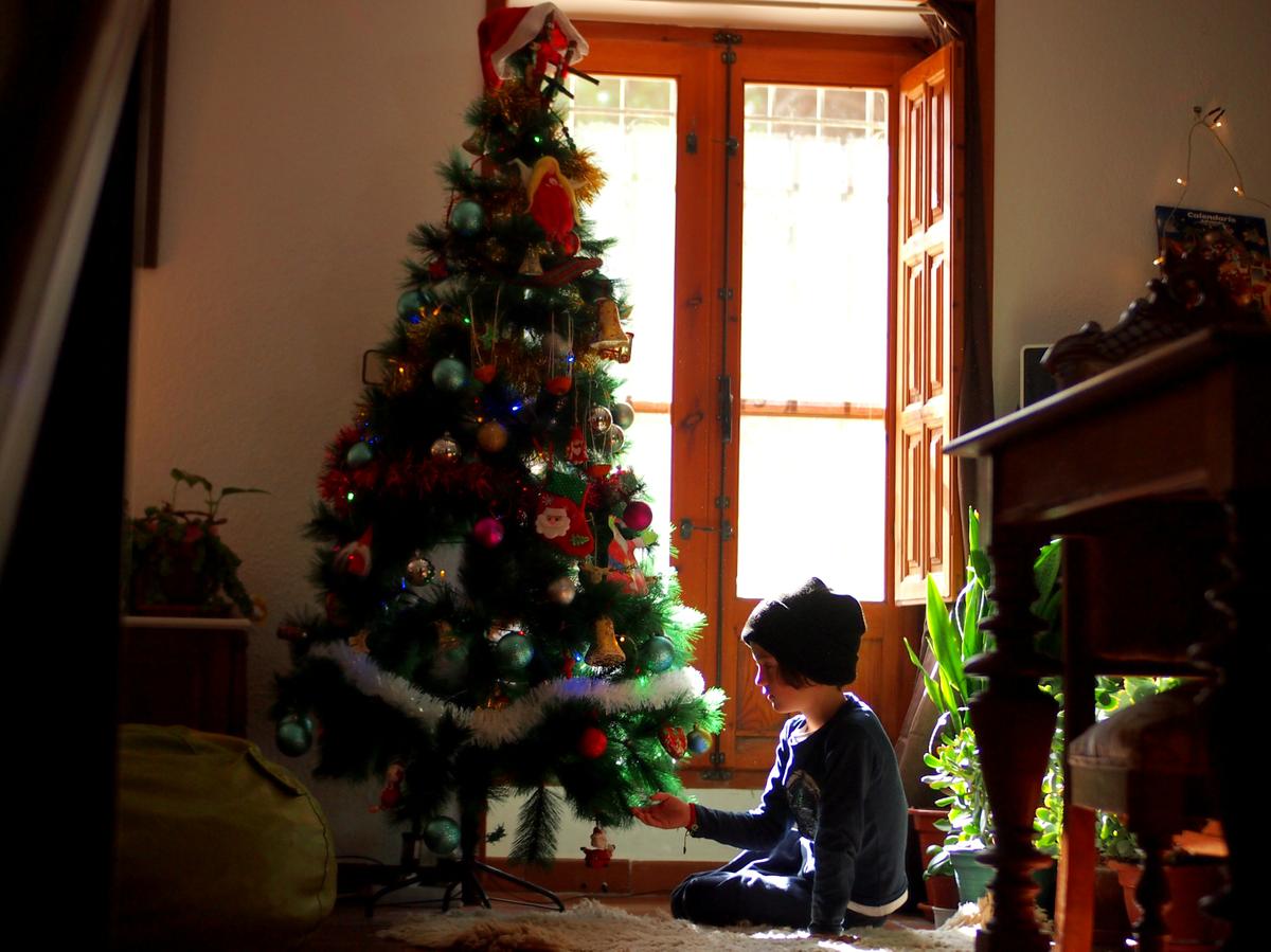 Niño mirando un árbol de navidad sentado en el suelo delante de una ventana soleada despidiendo la navidad