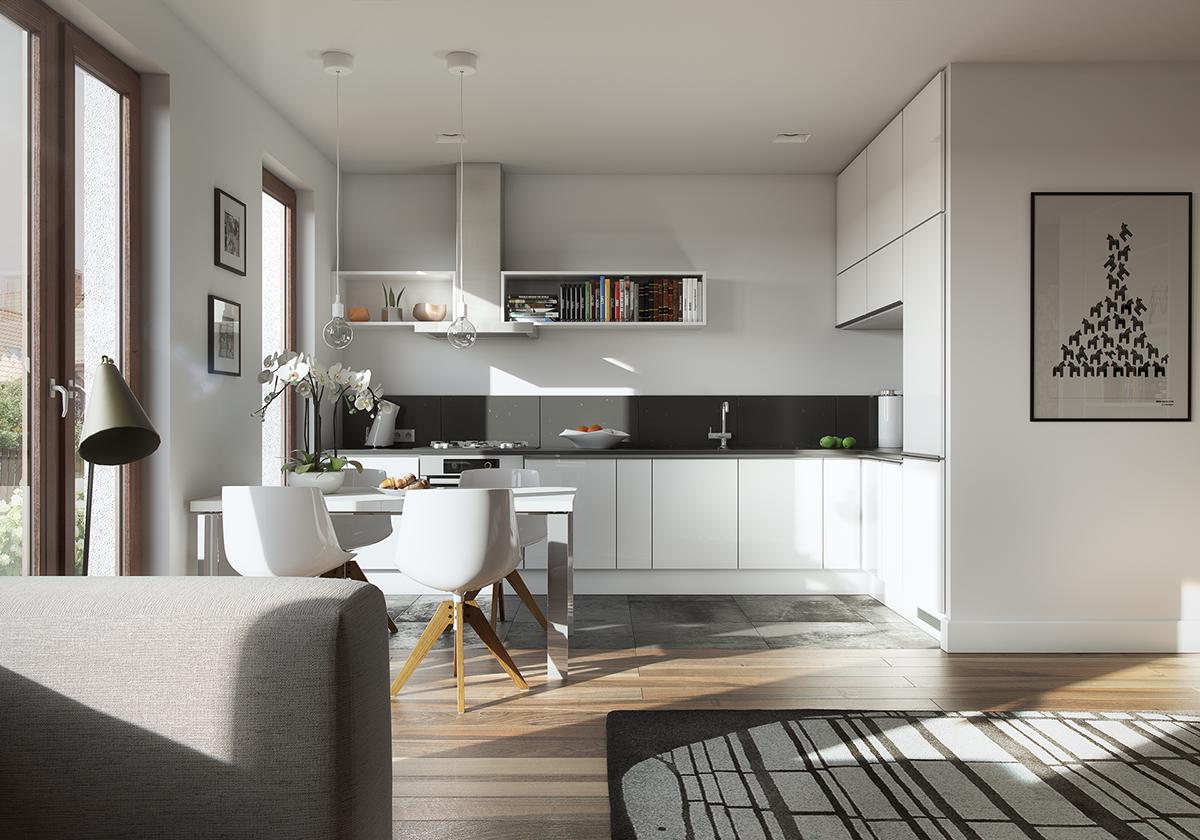 cocina monocromática blanca y negro