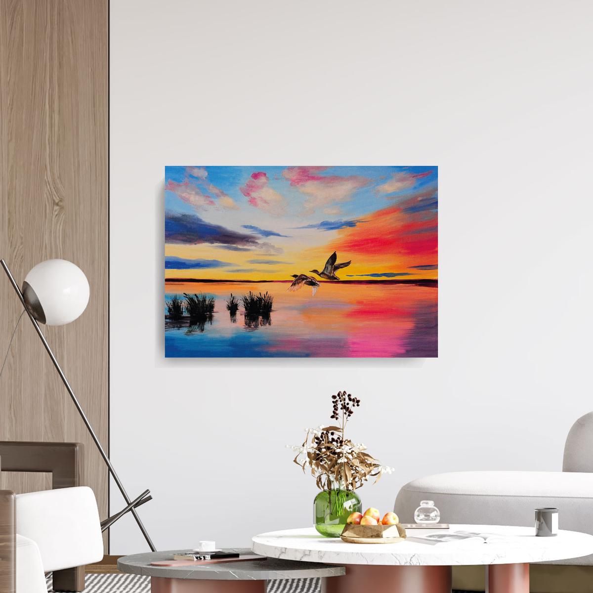 Cuadro de patos volando al atadecer Adazio colombia