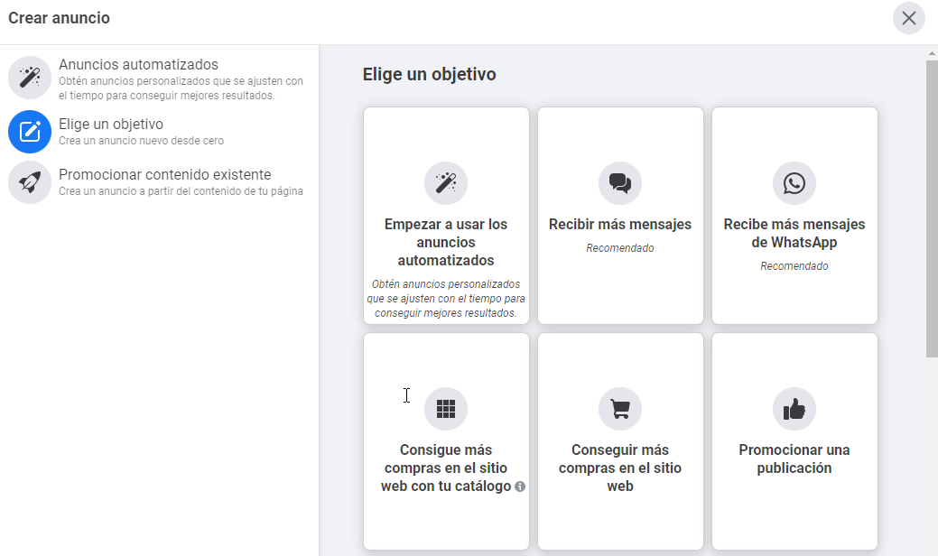 Los anuncios manuales tienen muchas más opciones y pasos para crearlos.