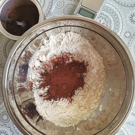 Pan de cacao con pepitas de chocolate - Ingredientes mezclados