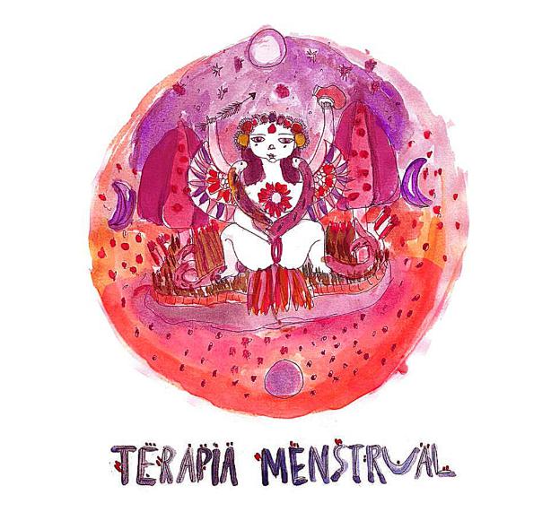 Dibujo del curso en el que se ve una mujer con decoraciones y abierta de piernas