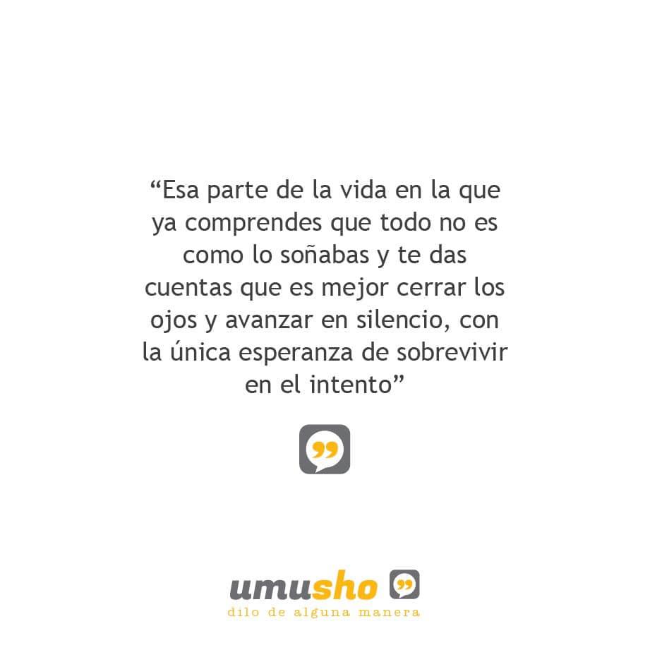 Esa parte de la vida en la que ya comprendes que todo no es como lo soñabas y te das cuentas que es mejor cerrar los ojos y avanzar en silencio, con la única esperanza de sobrevivir en el intento.