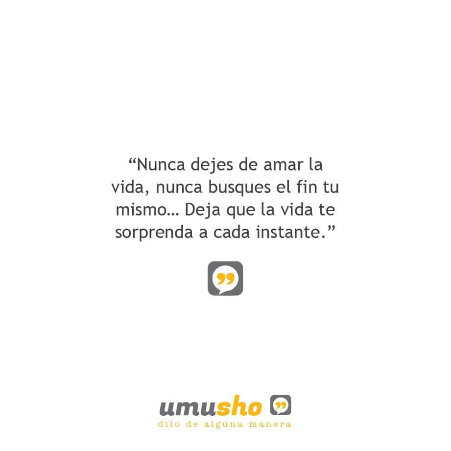 Nunca dejes de amar la vida, nunca busques el fin tu mismo Deja que la vida te sorprenda a cada instante.