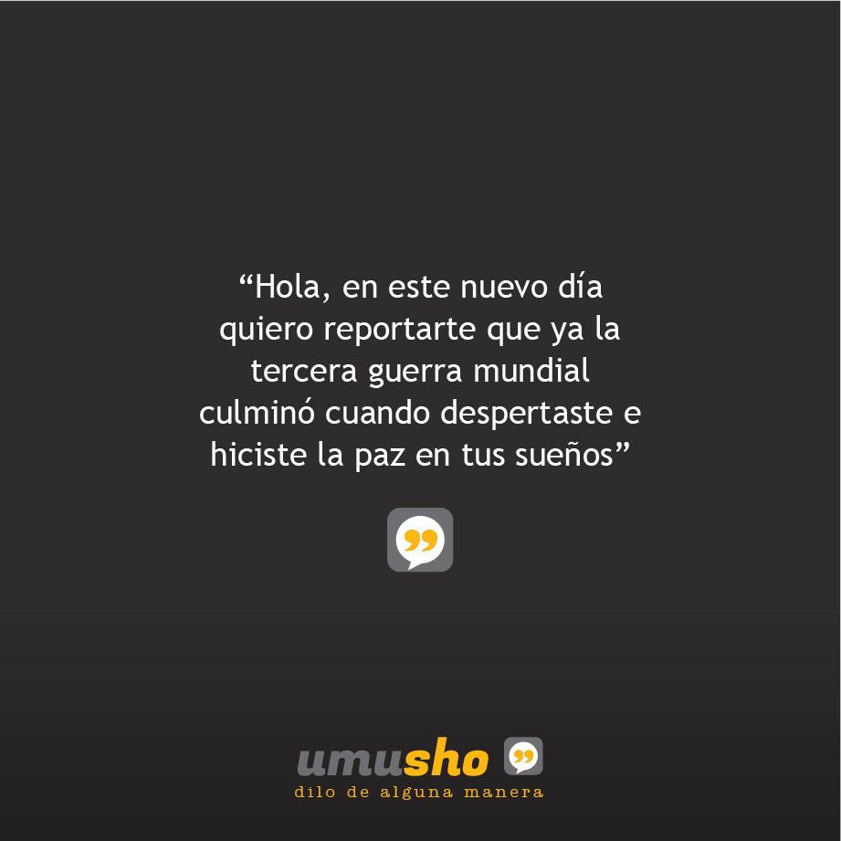 Hola, en este nuevo día quiero reportarte que ya la tercera guerra mundial culminó cuando despertaste e hiciste la paz en tus sueños.