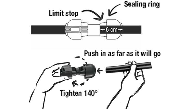 Ahora conecte los elementos. Empuje las tuberías unos 6 cm conectando la pieza con la junta, asegurando la conexión para que no pierda agua. Precaución: la junta de sellado está a aproximadamente 5 cm. En este punto empuje la tubería más dentro del agujero.