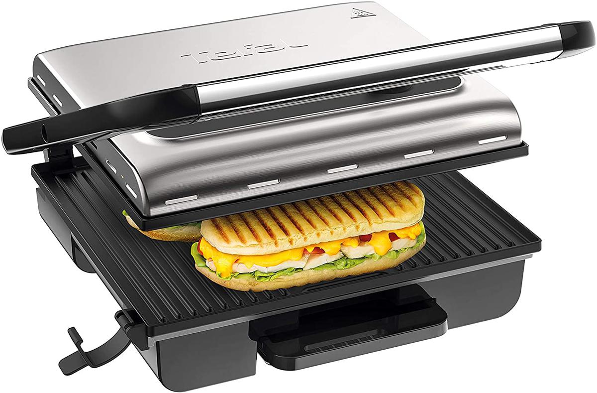 Tefal Grill Inicio Adjust GC242D - Grill de carne, pescado y verduras, función sandwichera y panini con termostato regulable de 2000 W, bandeja recolectora de jugos antigoteo, fácil de almacenar