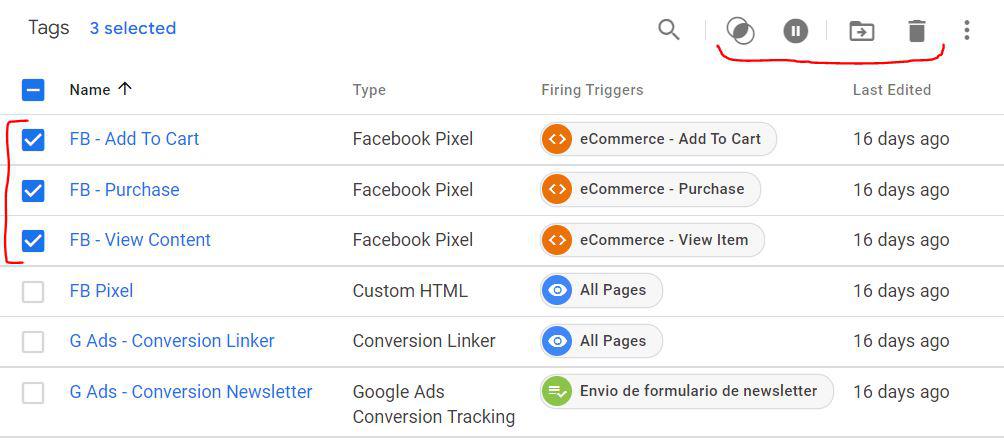 acciones en bloque para etiquetas de google tag manager