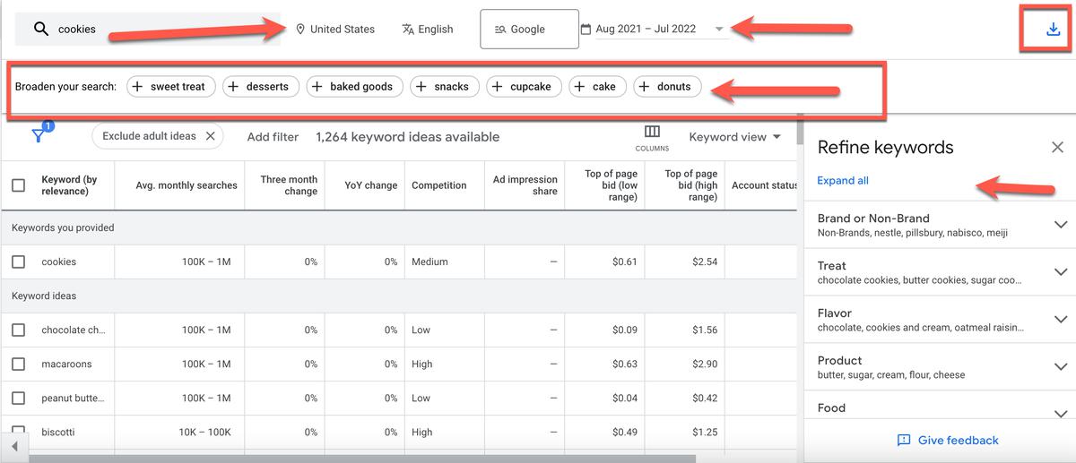 Planificador de palabras clave Obtenga sus datos