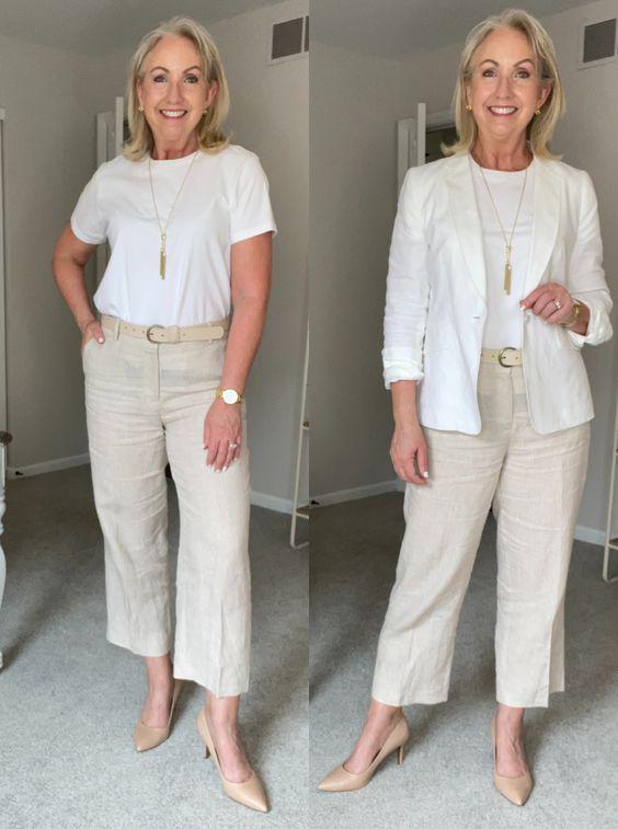 Conjuntos con blazer blanco para mujeres maduras