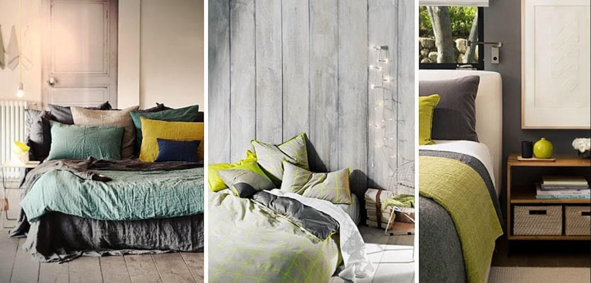 Ropa de cama en gris y verde
