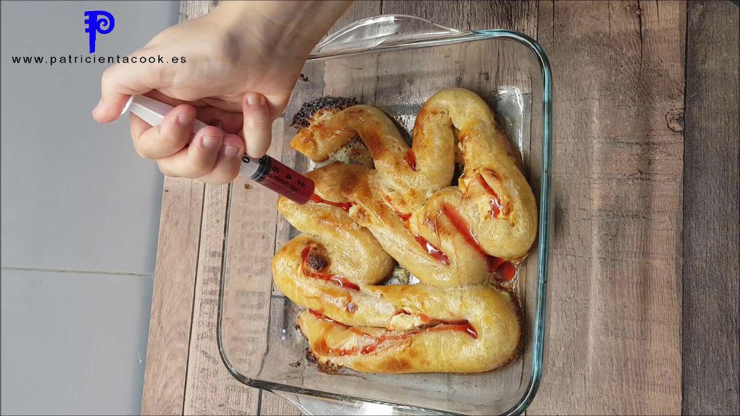 Intestinos sangrientos para Halloween. Trampantojo. Receta dulce y SIN GLUTEN