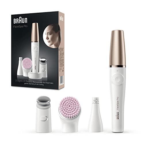 Braun FaceSpa Pro Depiladora Facial Mujer Todo en 1 con Cepillo de Limpieza, Base de Carga, Inalámbrica, SE 912, Blanco/Bronce